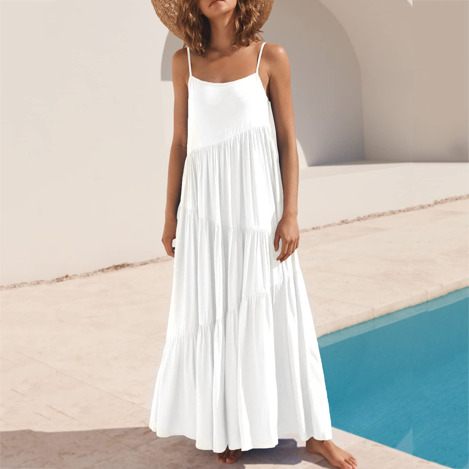 thumbnail image 3 of Vestido largo con tirantes finos para mujer - Pareo estampado para la playa - Vestido camisero holgado de poliéster - Ropa informal de verano, 3 of 6